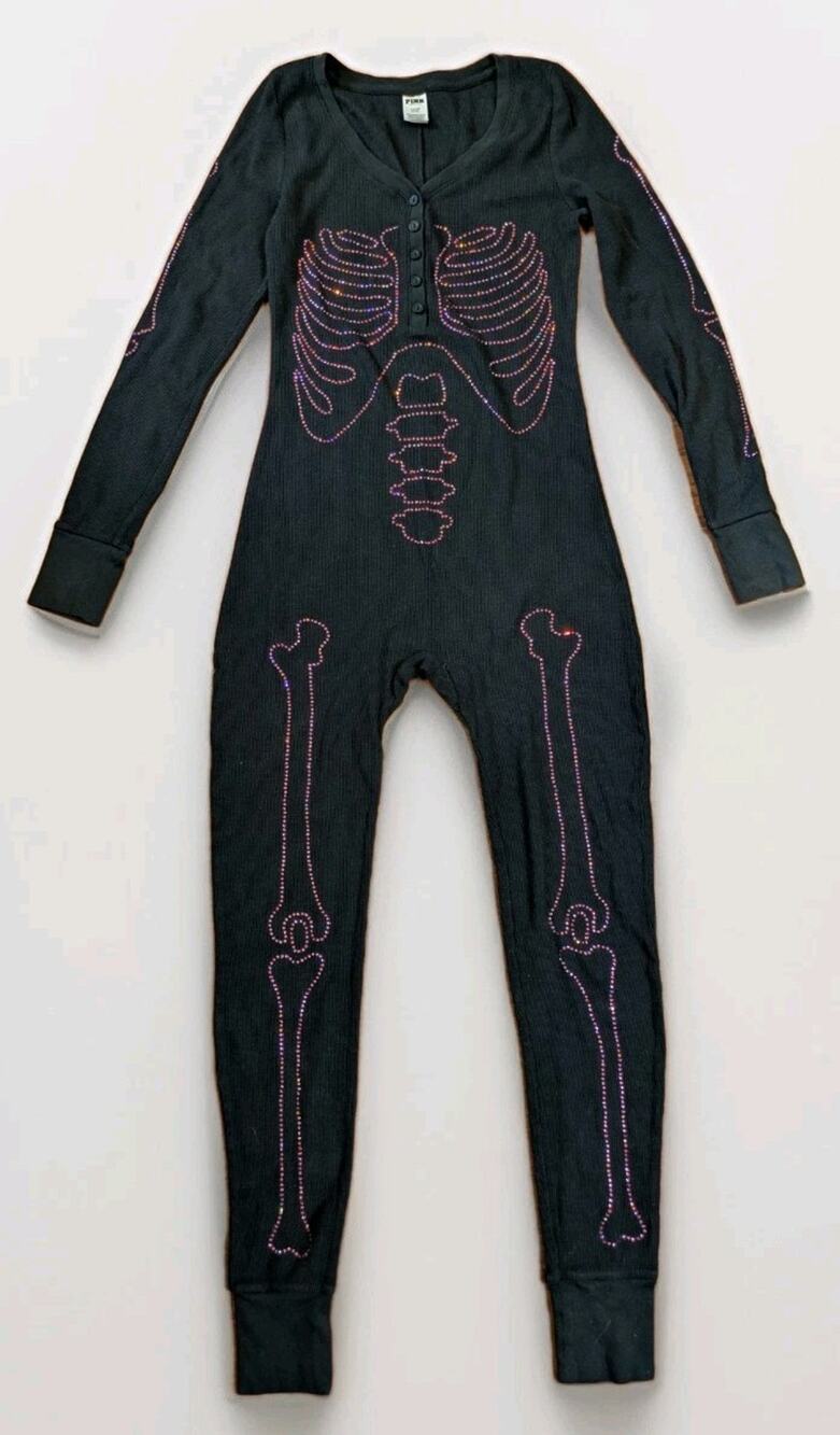 Victoria’s Secret PINK Skeleton Rhinestone Thermal Jumpsuit Womens Small Y2K